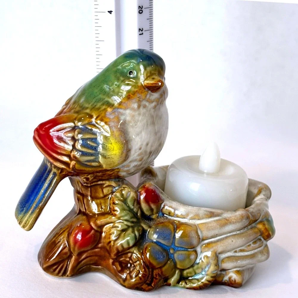 Majolica Style Ceramic Songbird Nest Votive Tealight Candle Holder Vintage